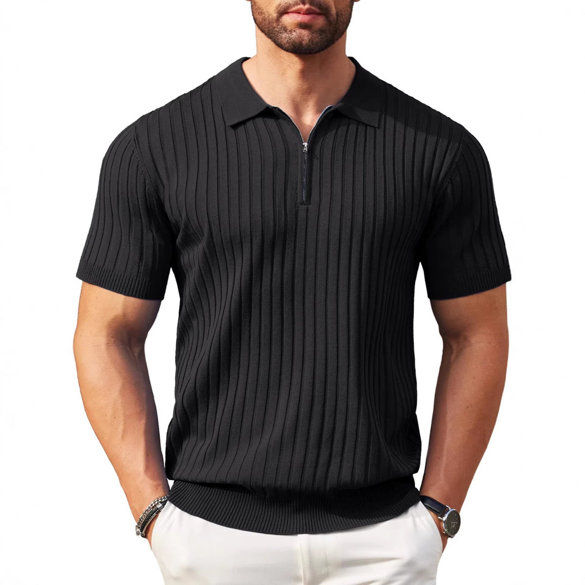Mens Zip-Up Short-Sleeve Rib-Knit Polo T-Shirt Fashionable Casual Golf Shirt