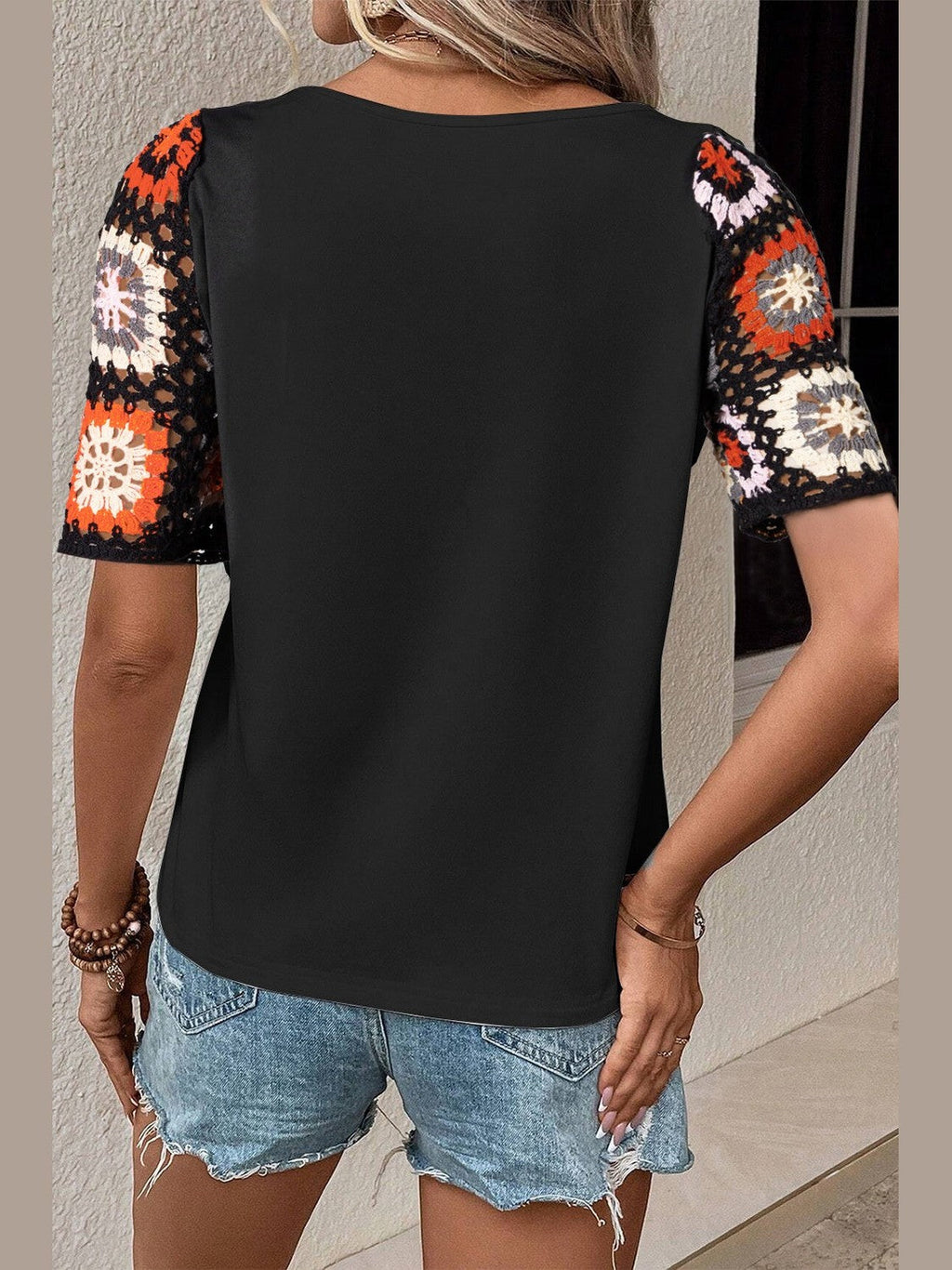 Women Geometric Round Neck Short Sleeve Blouse
