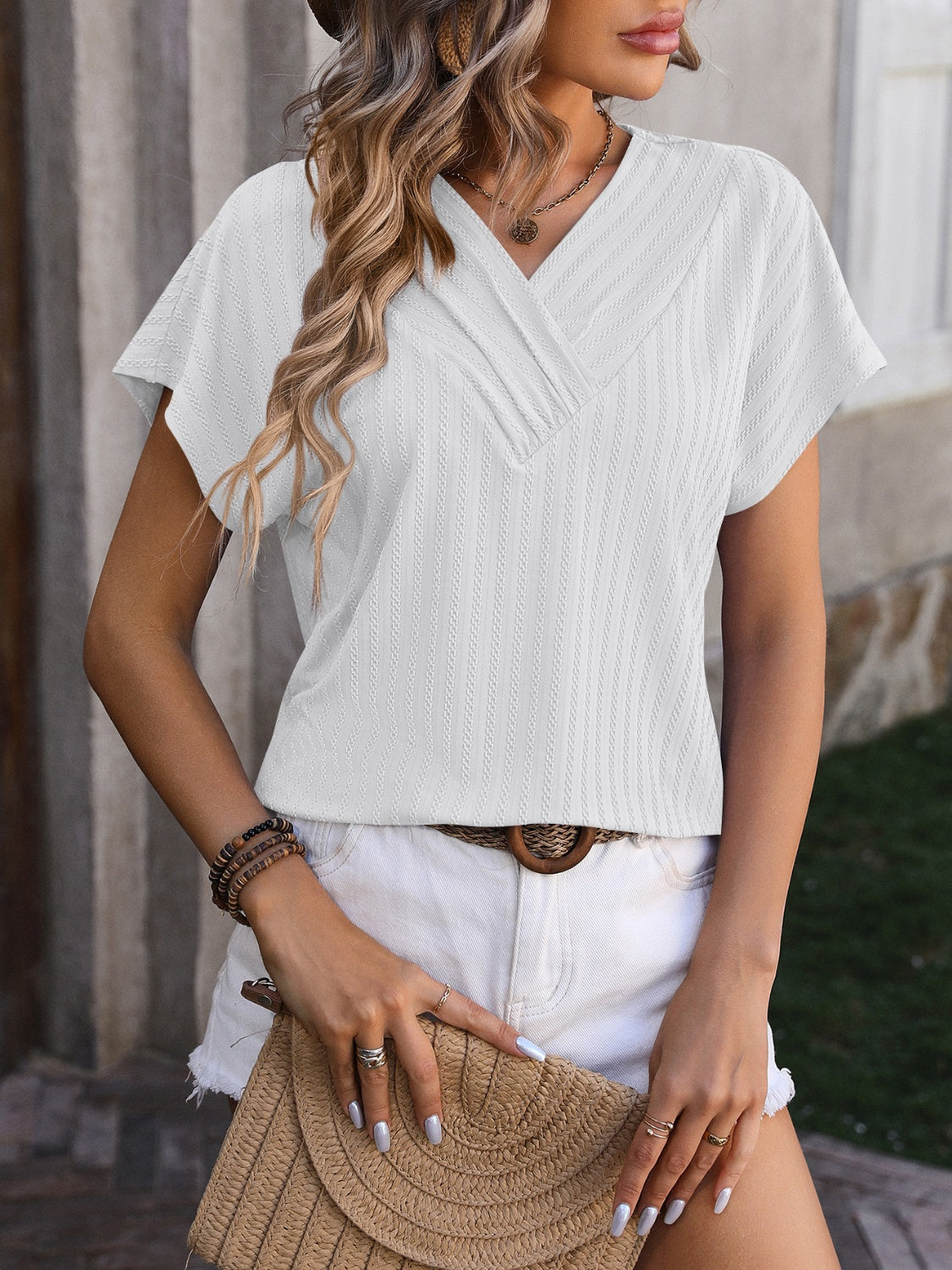 Women Textured Surplice Short Sleeve Blouse