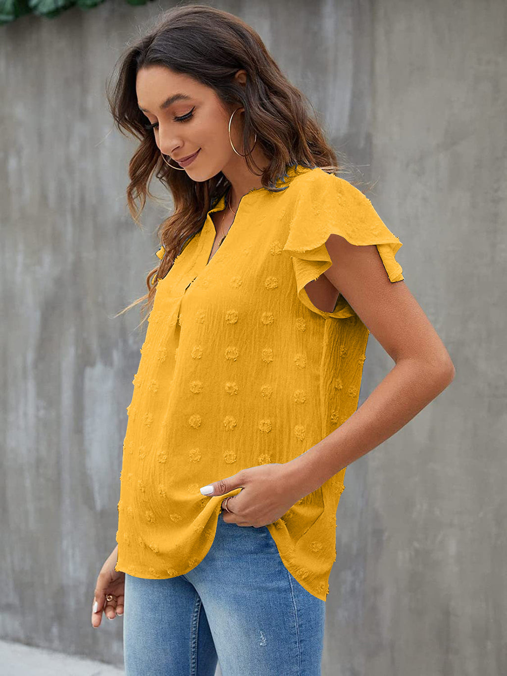 Women Swiss Dot Notched Flutter Sleeve Blouse