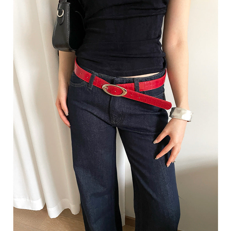 Fashion Lychee Pattern Belt Women's Oval Buckle Red High-grade All-matching