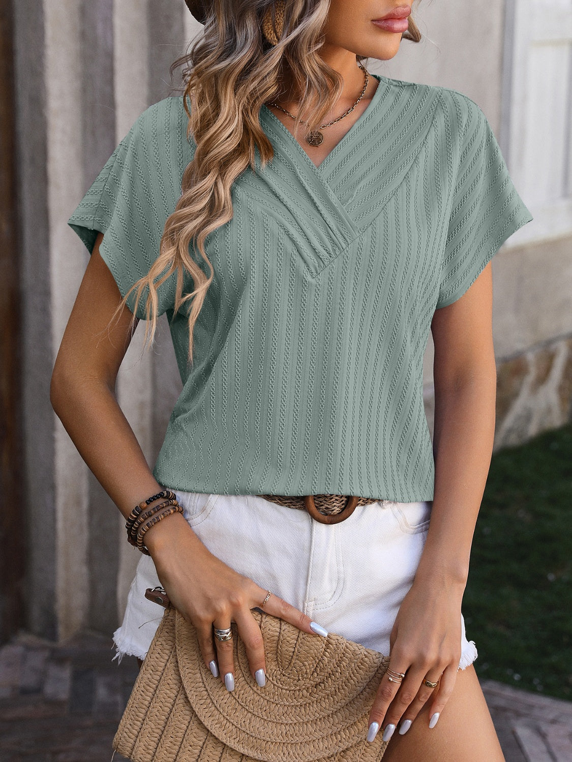 Women Textured Surplice Short Sleeve Blouse