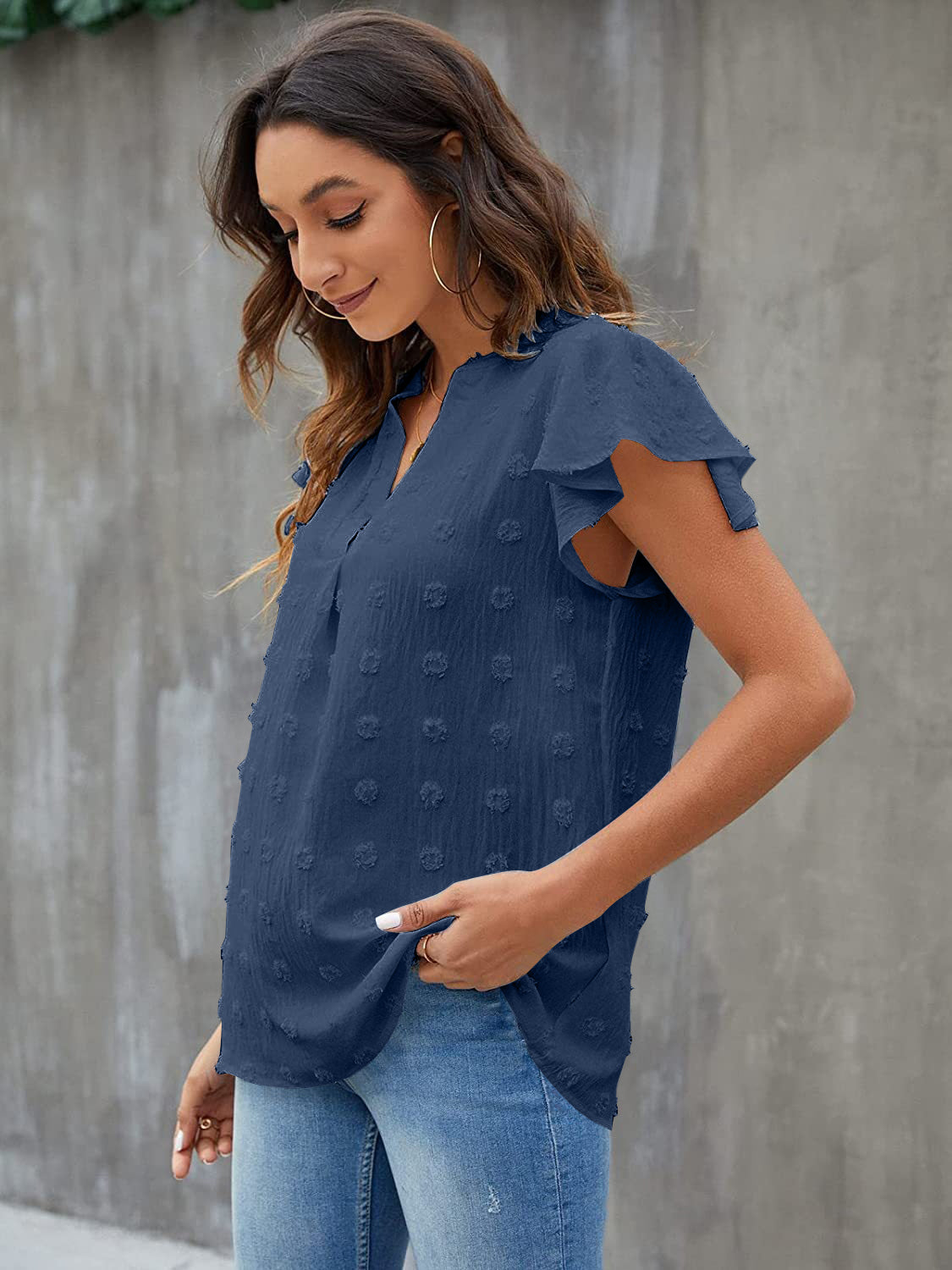 Women Swiss Dot Notched Flutter Sleeve Blouse