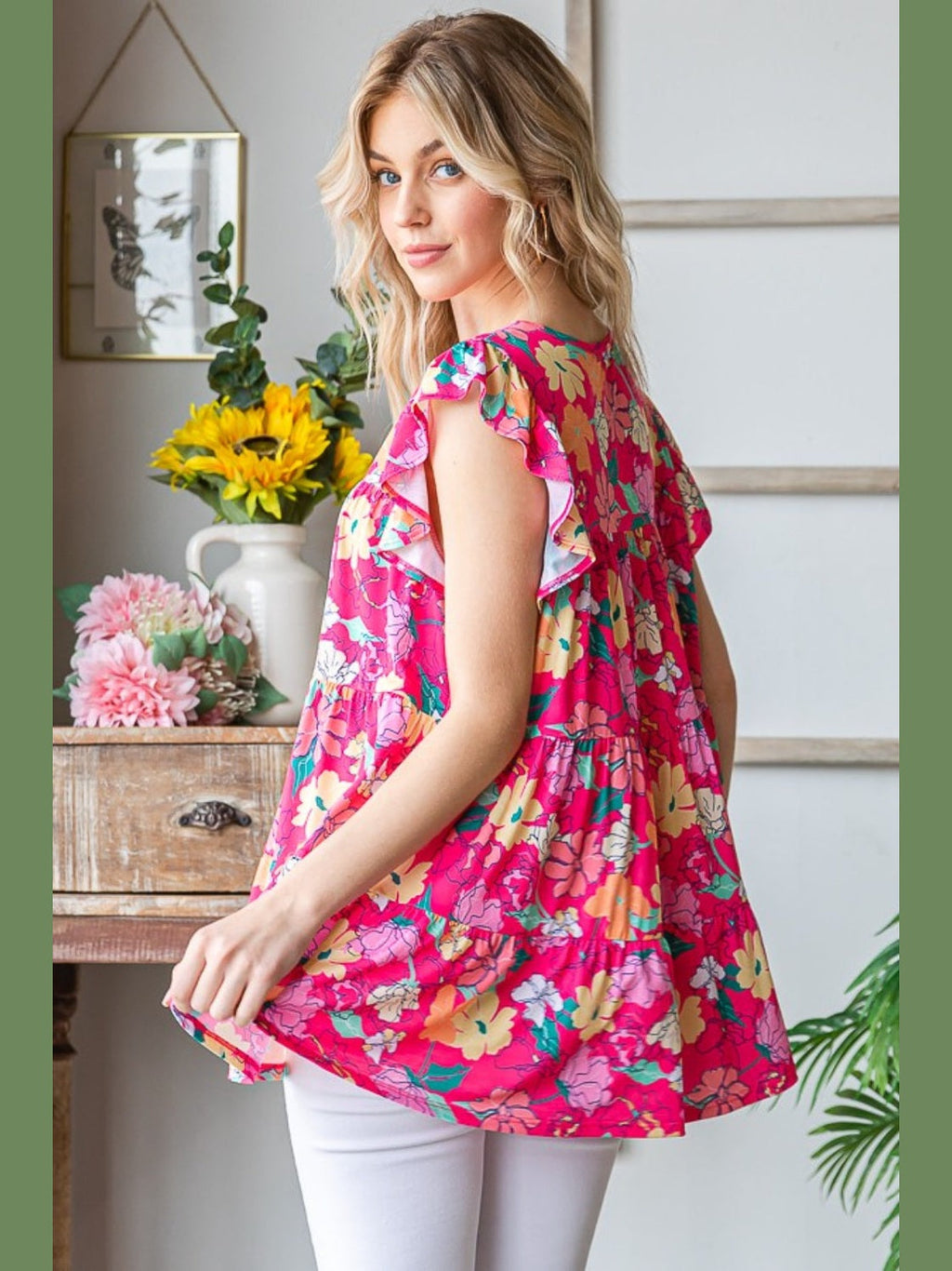 Women Heimish Full Size Floral Ruffle Sleeve Tiered Blouse