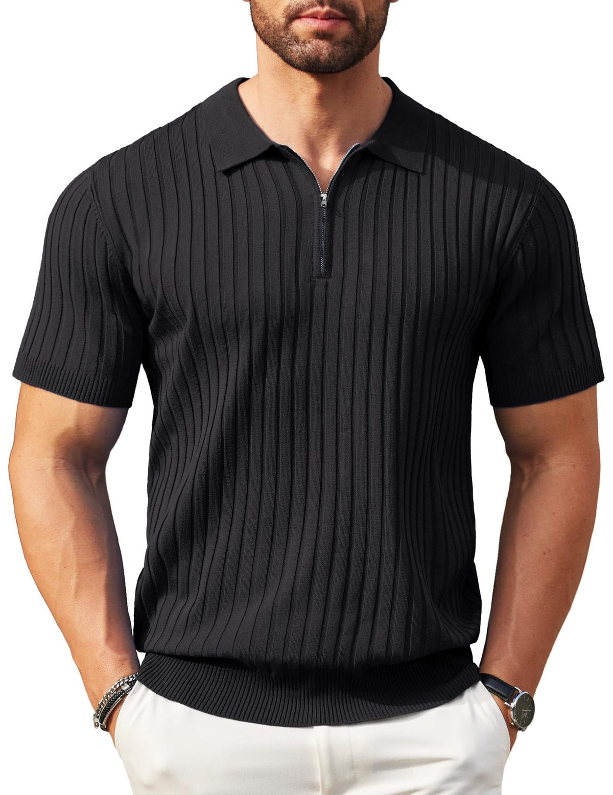 Mens Zip-Up Short-Sleeve Rib-Knit Polo T-Shirt Fashionable Casual Golf Shirt