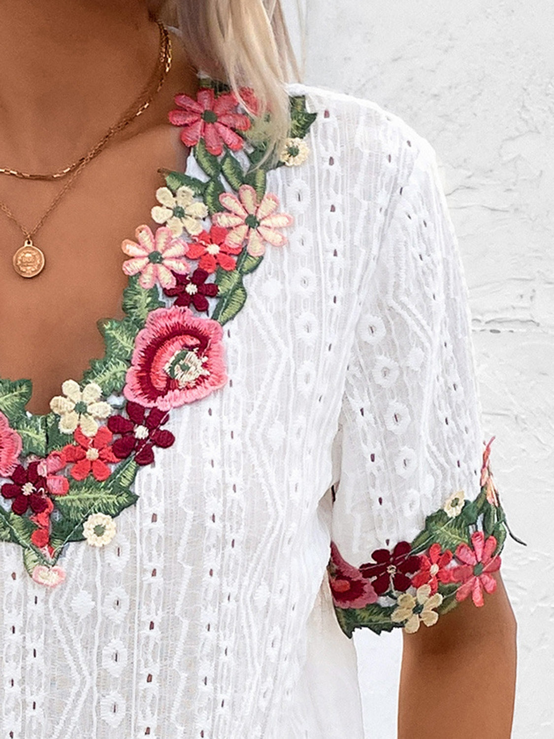 Women Eyelet Embroidered V-Neck Short Sleeve Blouse
