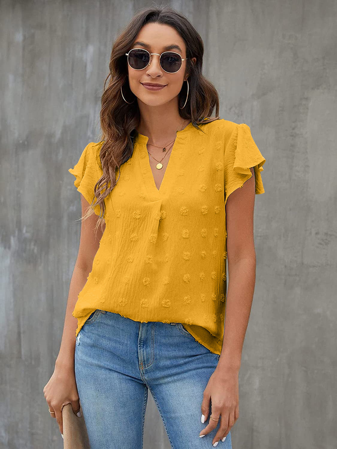 Women Swiss Dot Notched Flutter Sleeve Blouse
