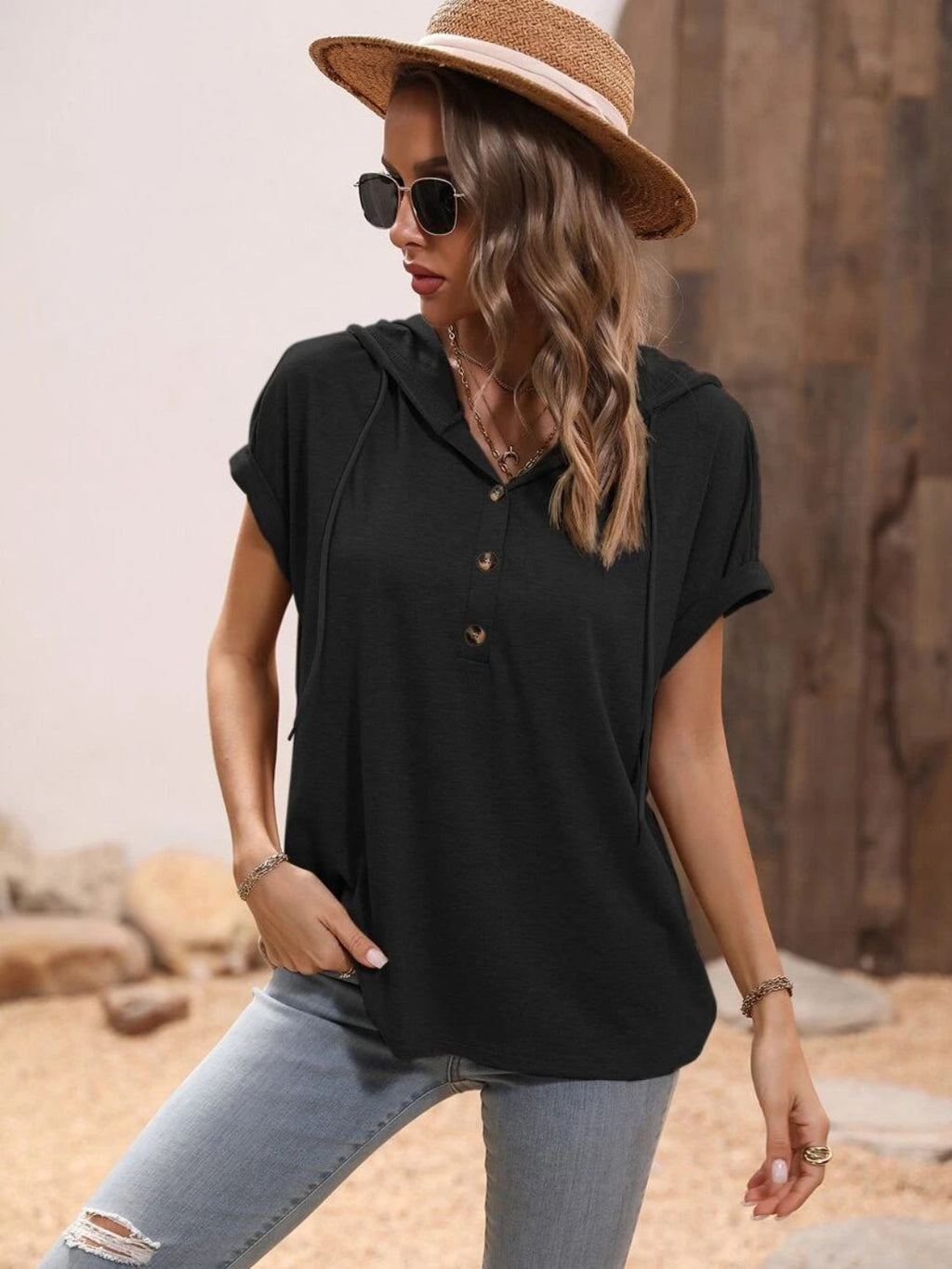 Women Half Button Hooded Short Sleeve Blouse