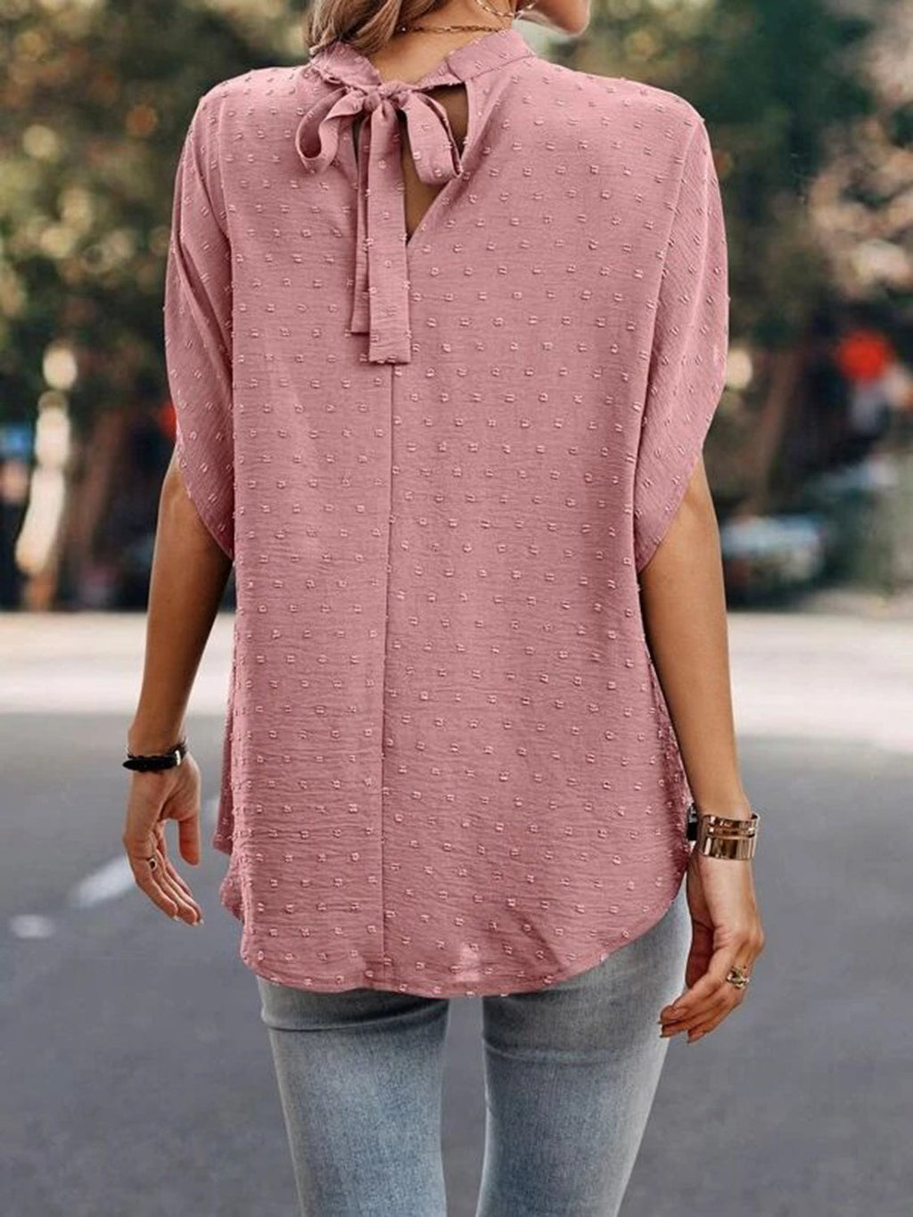 Women Swiss Dot Mock Neck Half Sleeve Blouse