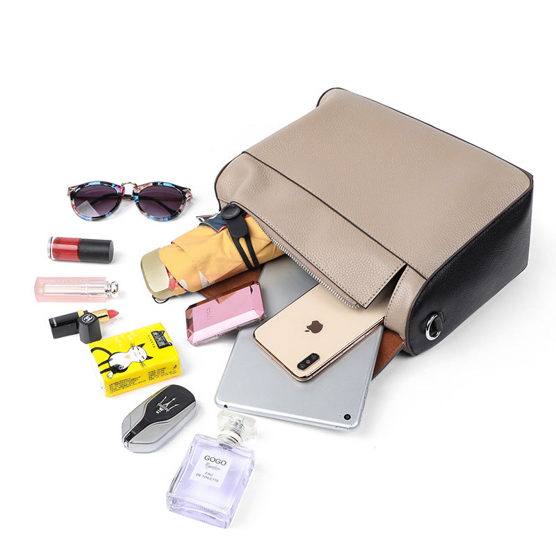 Genuine leather bag for female bag shoulder bag large capacity with contrast color pattern tote