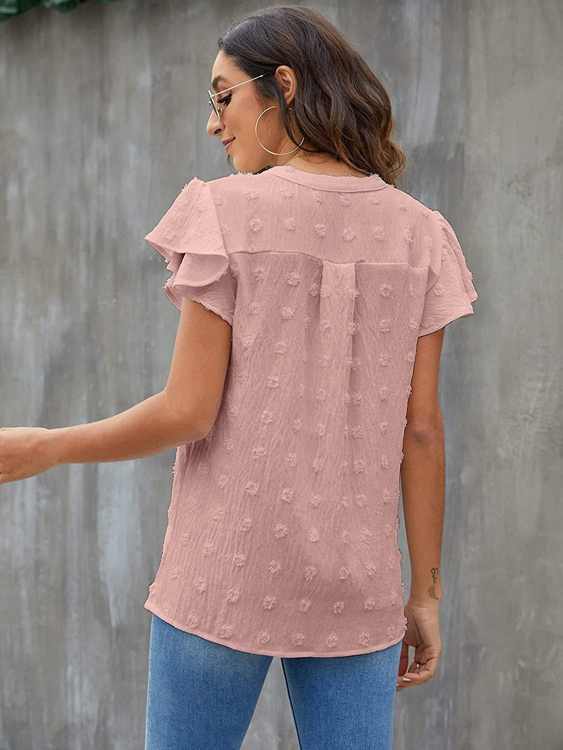 Women Swiss Dot Notched Flutter Sleeve Blouse