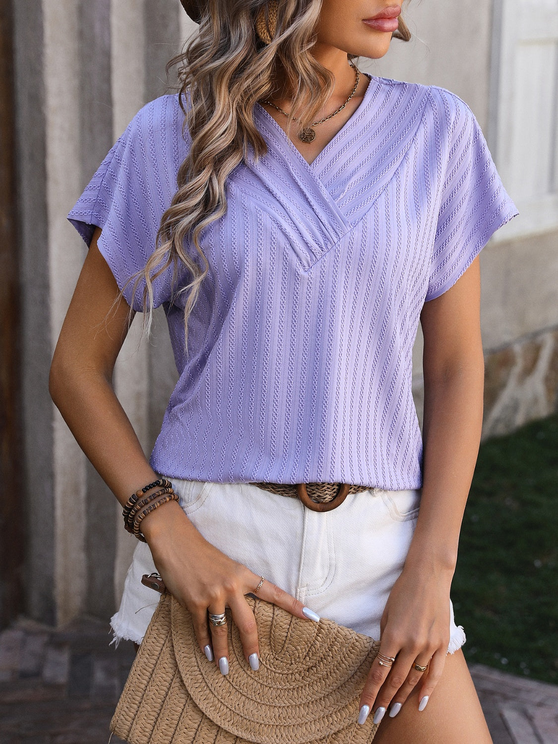 Women Textured Surplice Short Sleeve Blouse