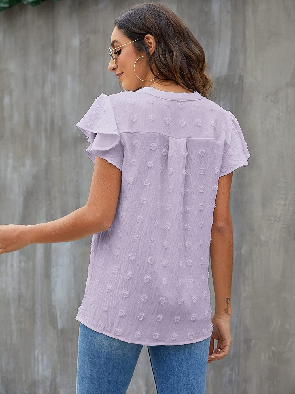Women Swiss Dot Notched Flutter Sleeve Blouse