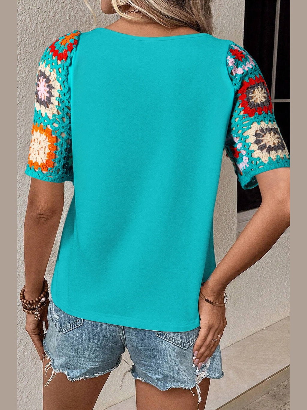 Women Geometric Round Neck Short Sleeve Blouse