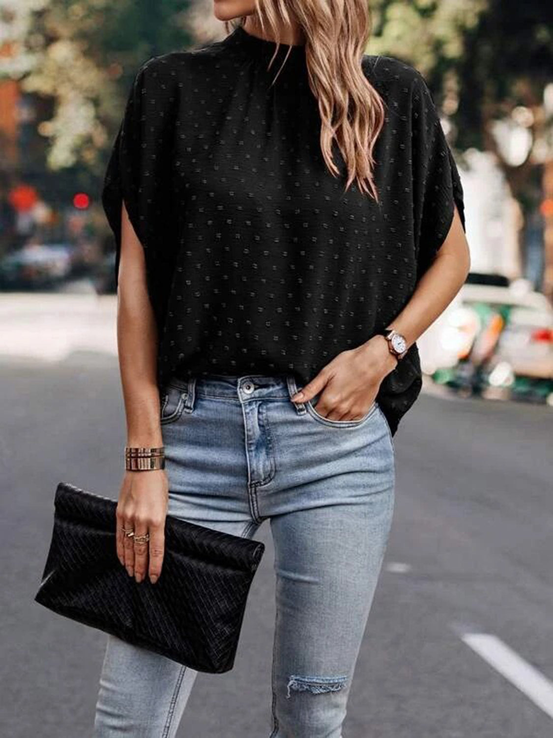 Women Swiss Dot Mock Neck Half Sleeve Blouse