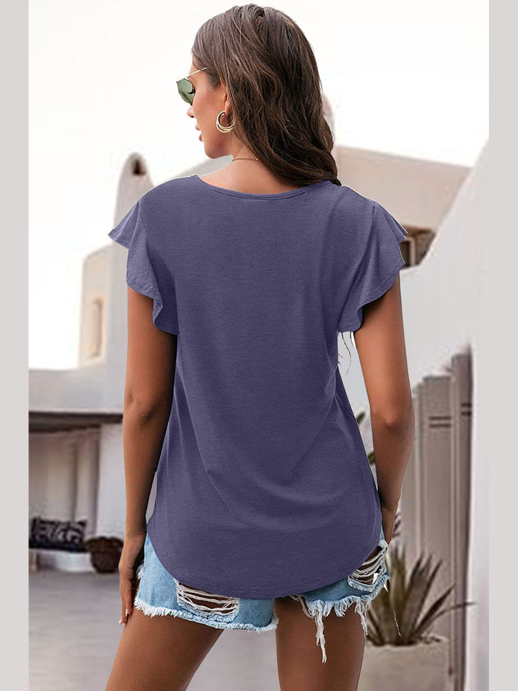 Women Ruffled Round Neck Cap Sleeve Blouse