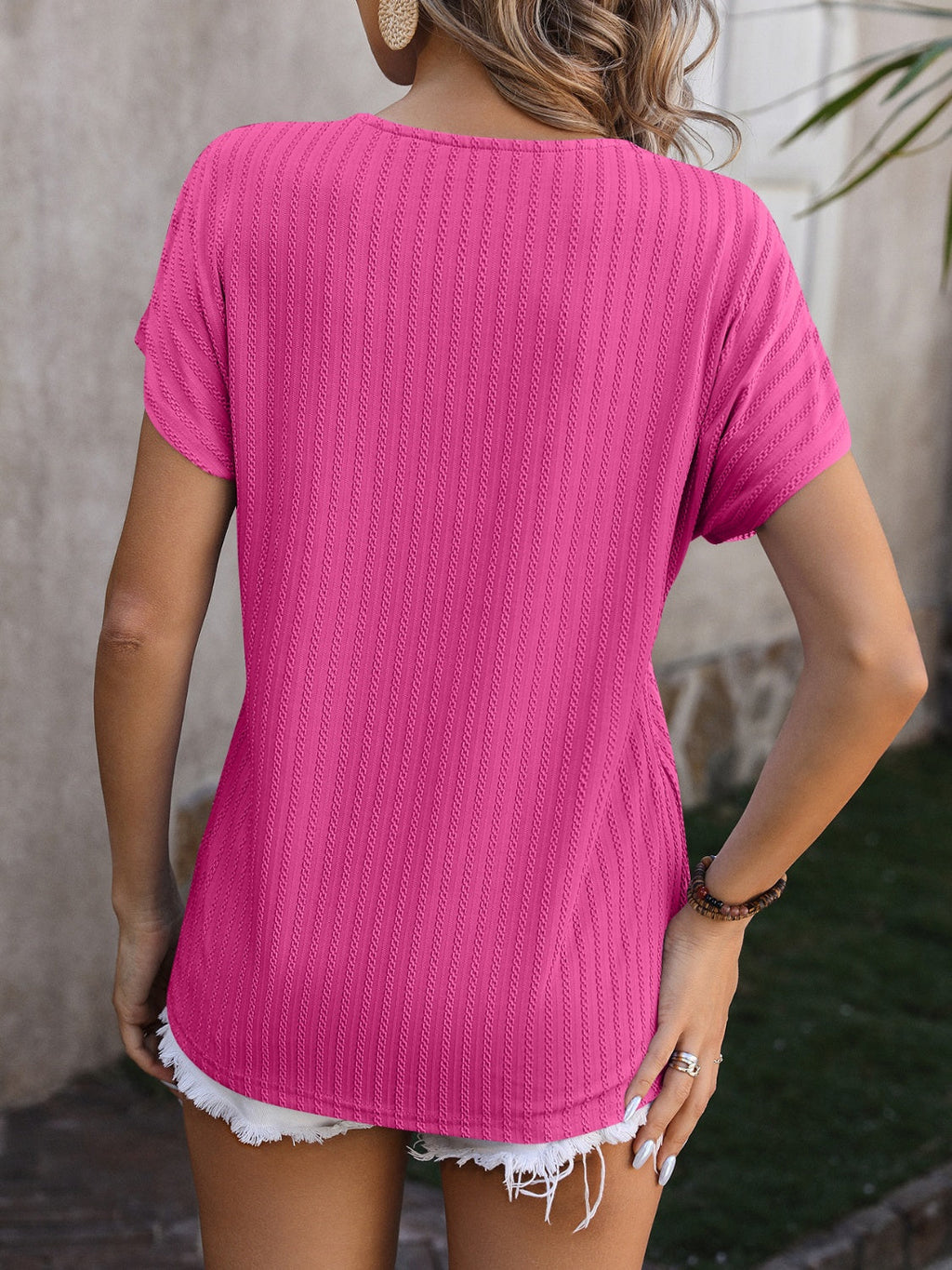 Women Textured Surplice Short Sleeve Blouse