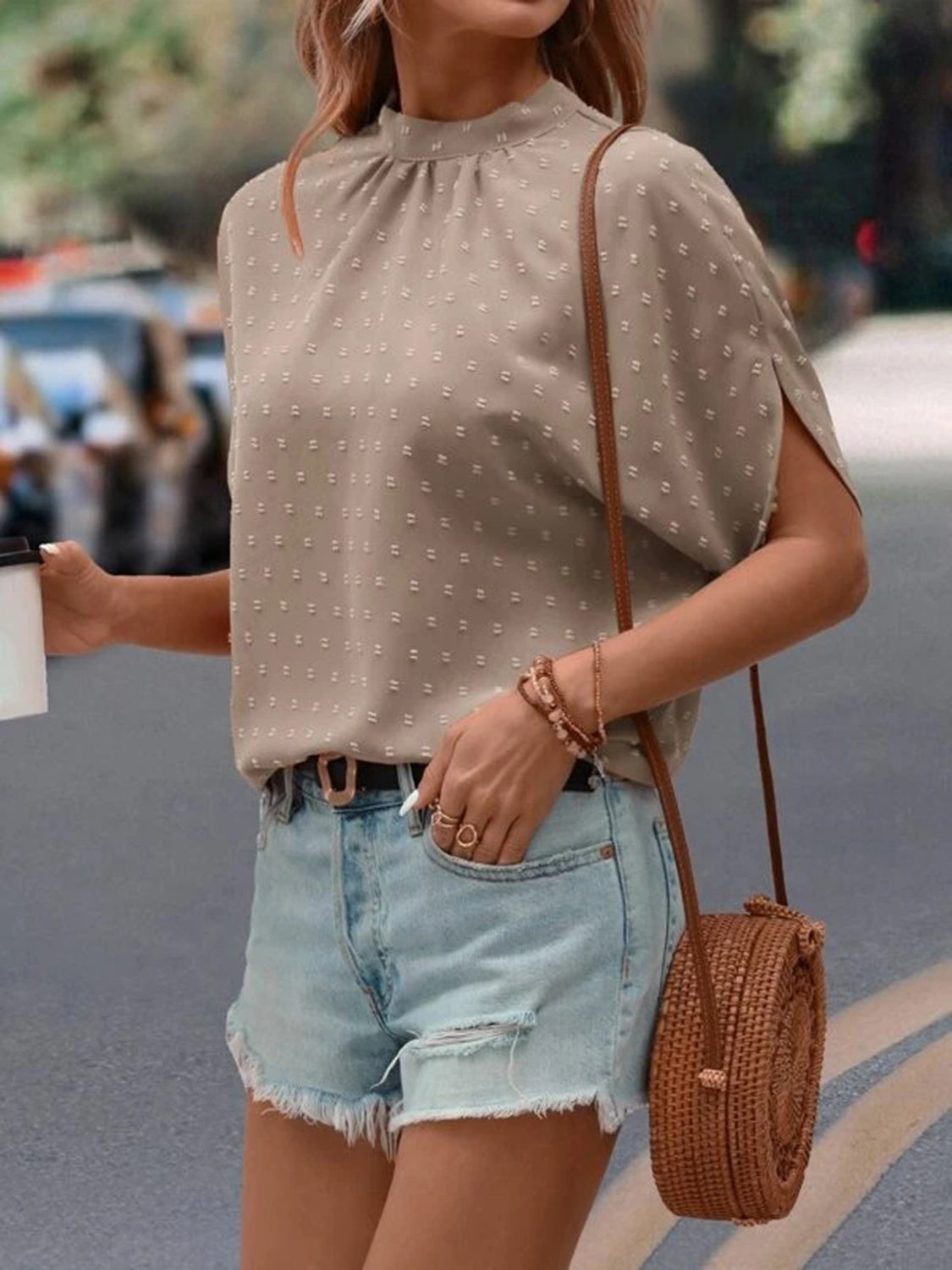 Women Swiss Dot Mock Neck Half Sleeve Blouse