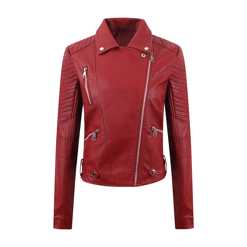 PU Women's Short Leather Oblique Pull Slim Motorcycle Clothing Washed Leather Jacket