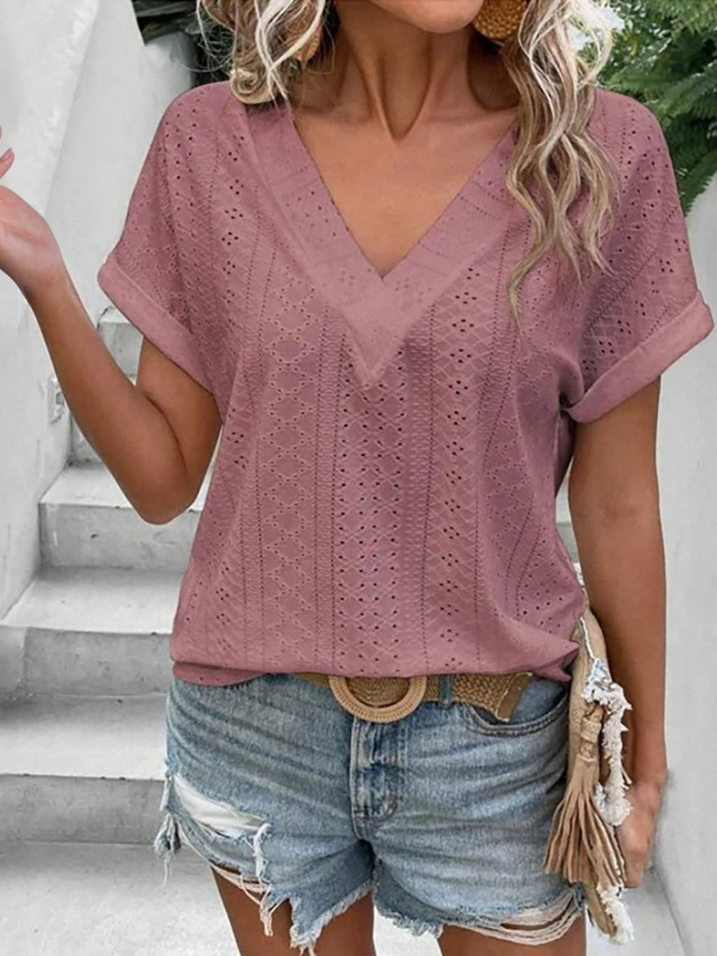 Women Eyelet V-Neck Short Sleeve Blouse
