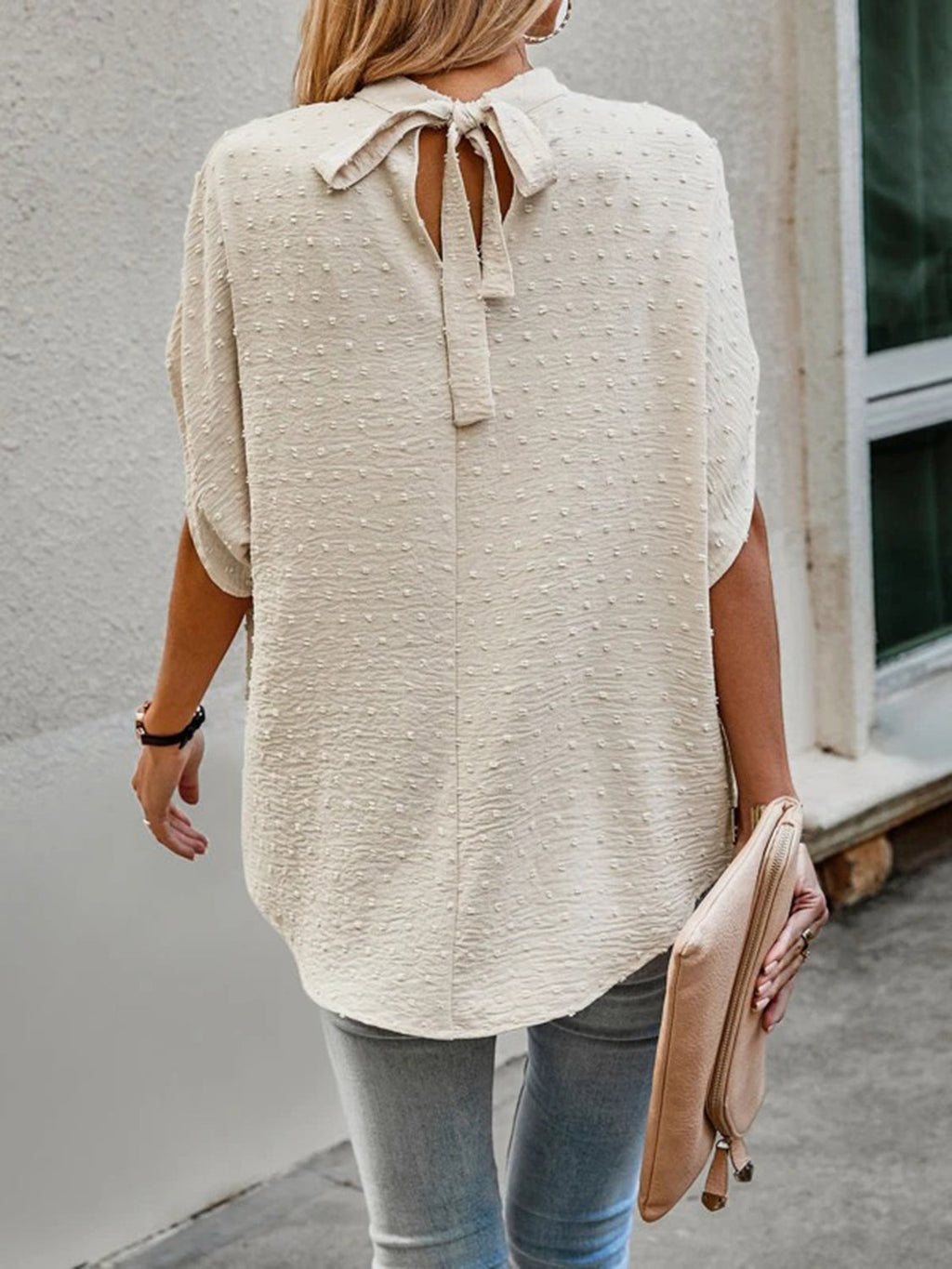Women Swiss Dot Mock Neck Half Sleeve Blouse