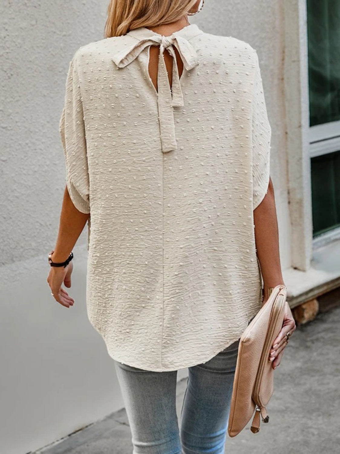 Women Swiss Dot Mock Neck Half Sleeve Blouse