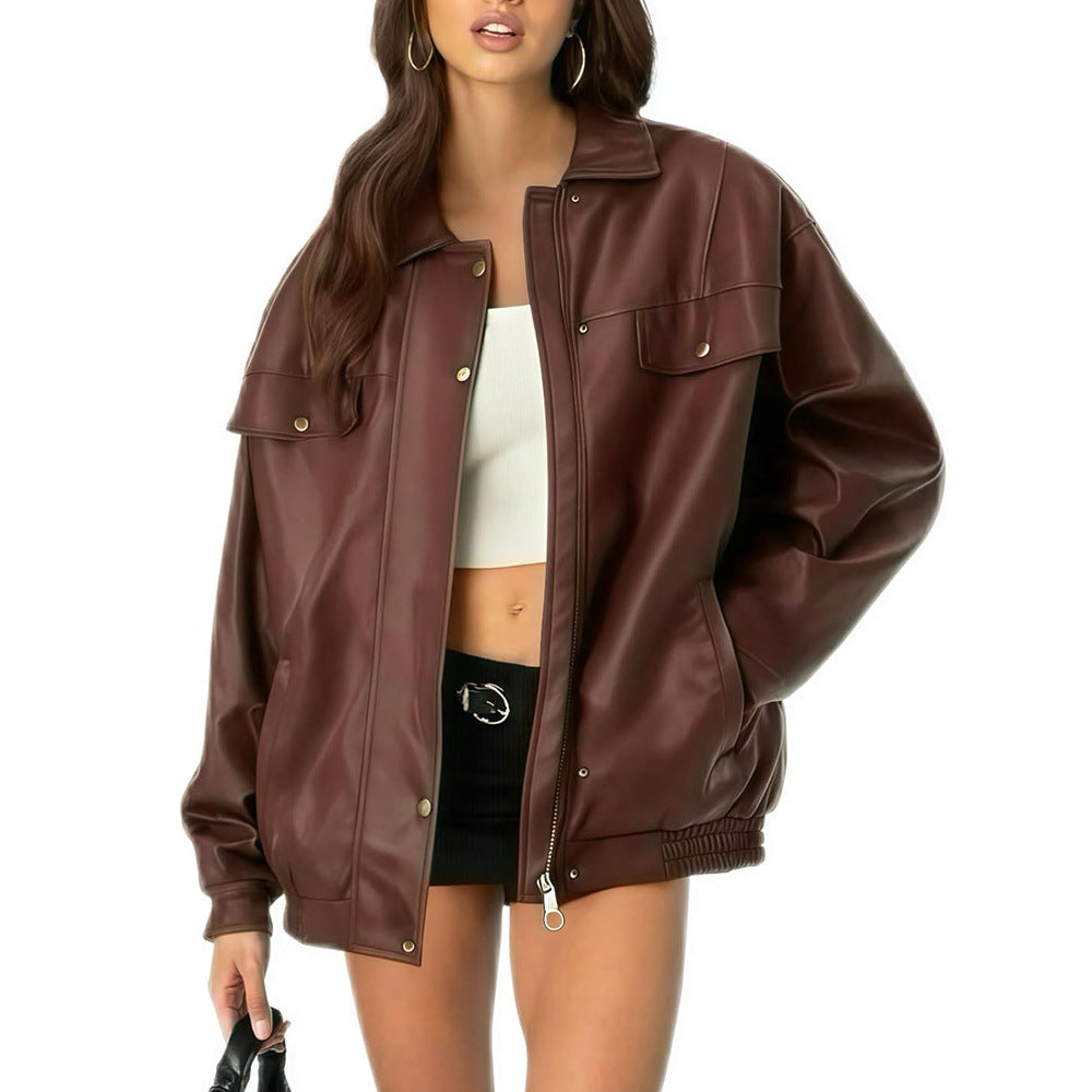 Women's Leather Jacket Loose Long Sleeve Lapel Motorcycle Jacket
