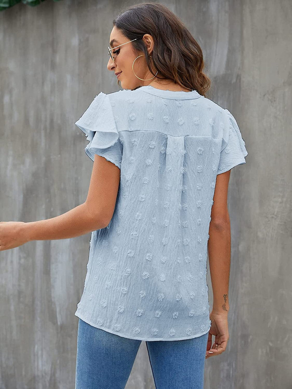 Women Swiss Dot Notched Flutter Sleeve Blouse