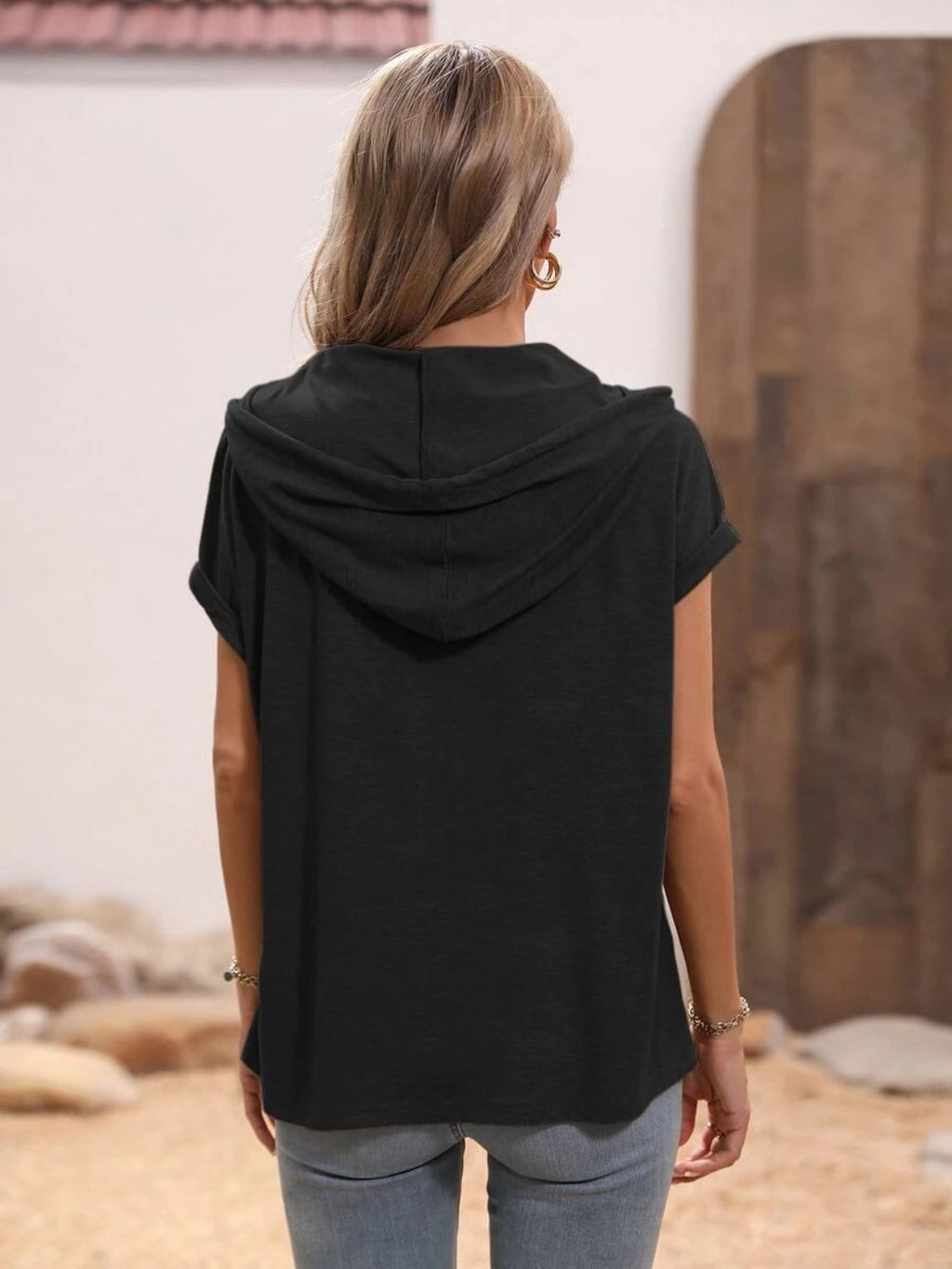 Women Half Button Hooded Short Sleeve Blouse