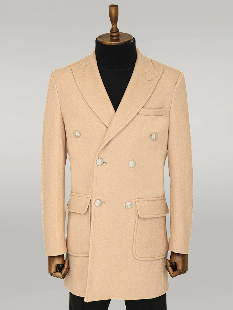 Metal Buttons Wool Cashmere Cream Men Double Breasted Coat - Wessi
