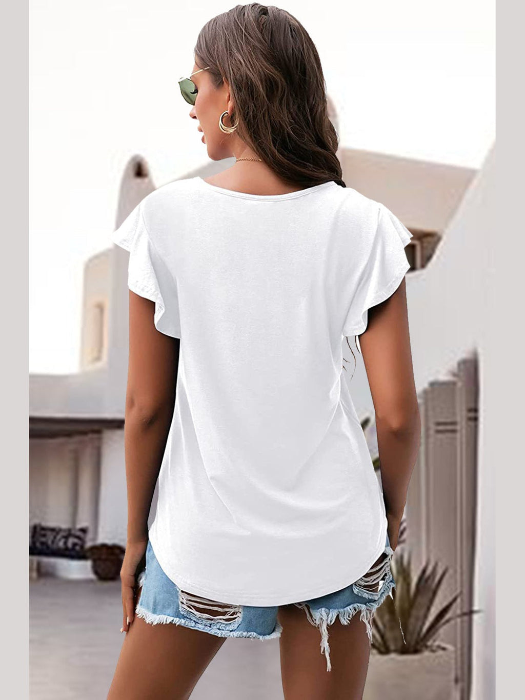 Women Ruffled Round Neck Cap Sleeve Blouse