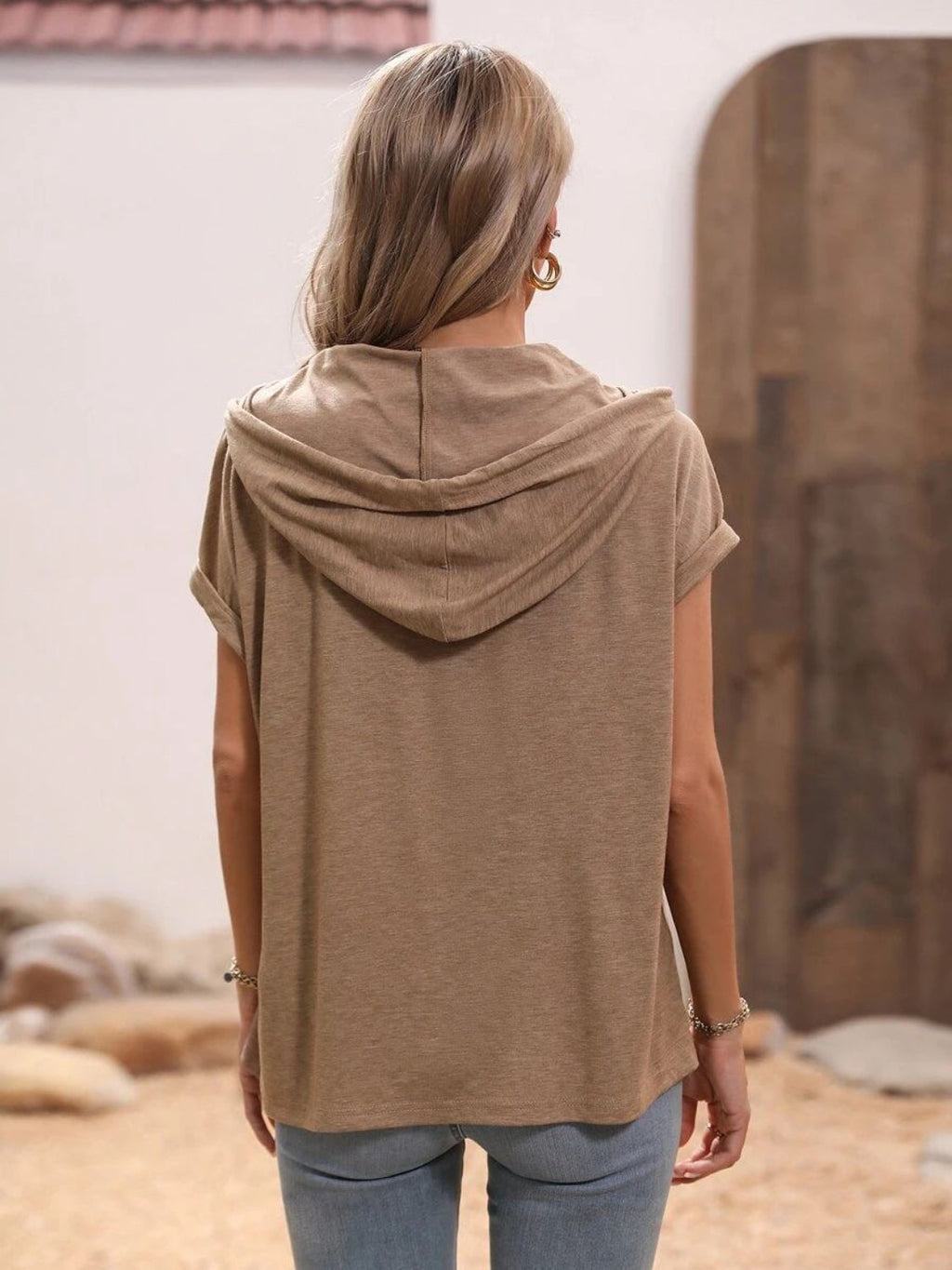 Women Half Button Hooded Short Sleeve Blouse