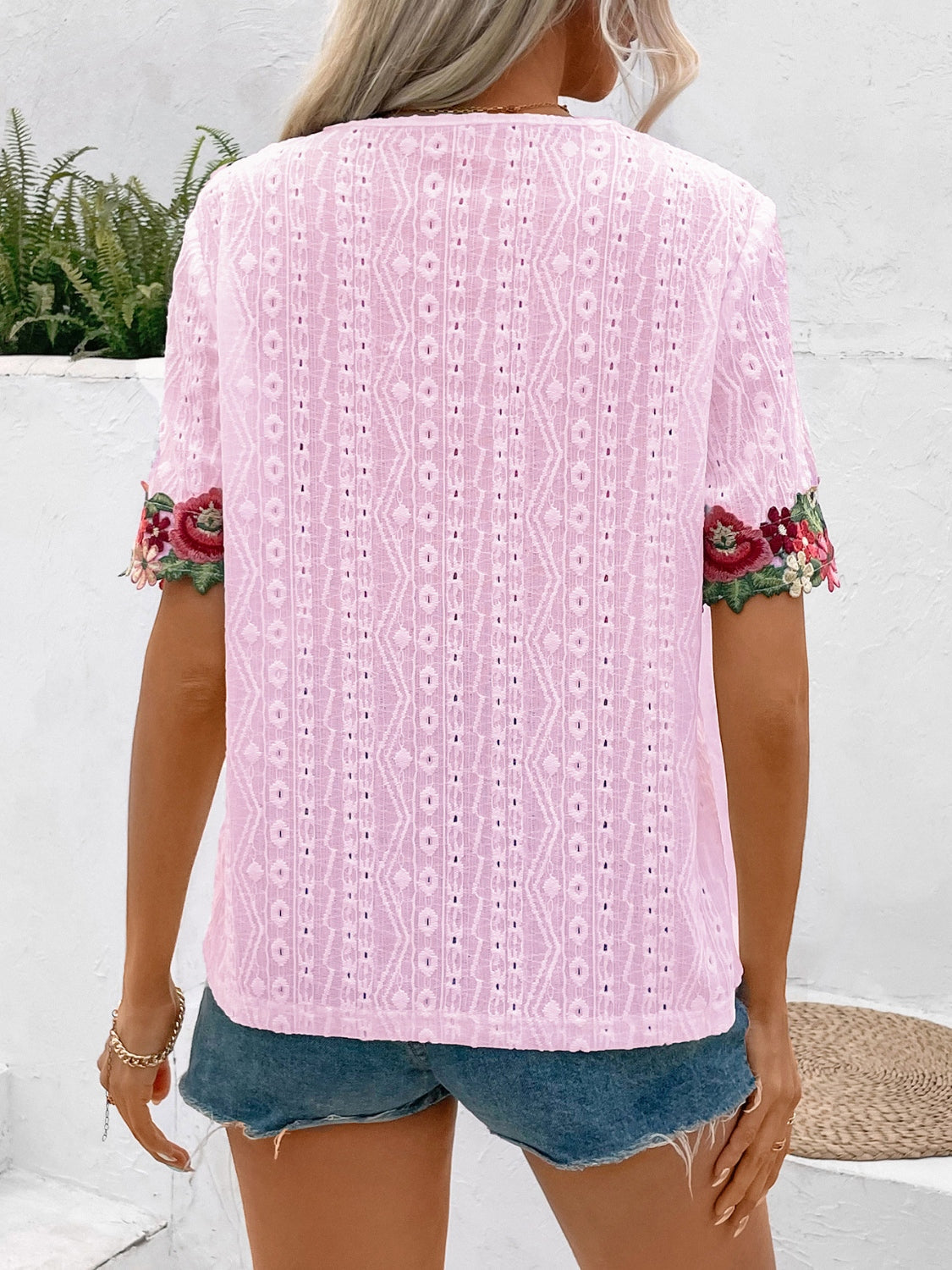 Women Eyelet Embroidered V-Neck Short Sleeve Blouse