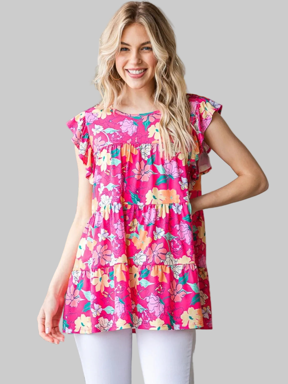 Women Heimish Full Size Floral Ruffle Sleeve Tiered Blouse