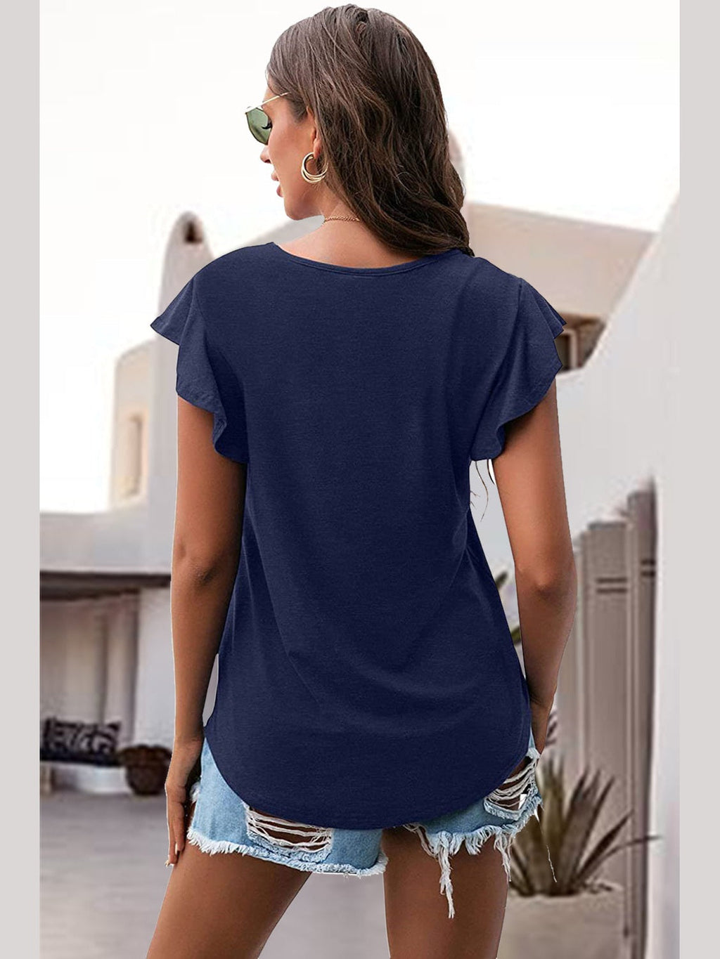Women Ruffled Round Neck Cap Sleeve Blouse