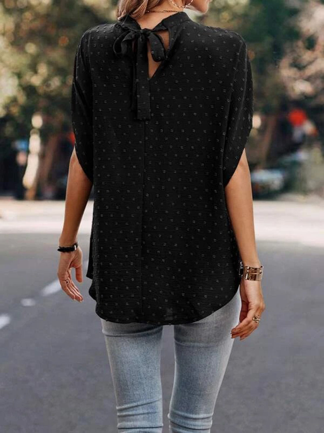 Women Swiss Dot Mock Neck Half Sleeve Blouse
