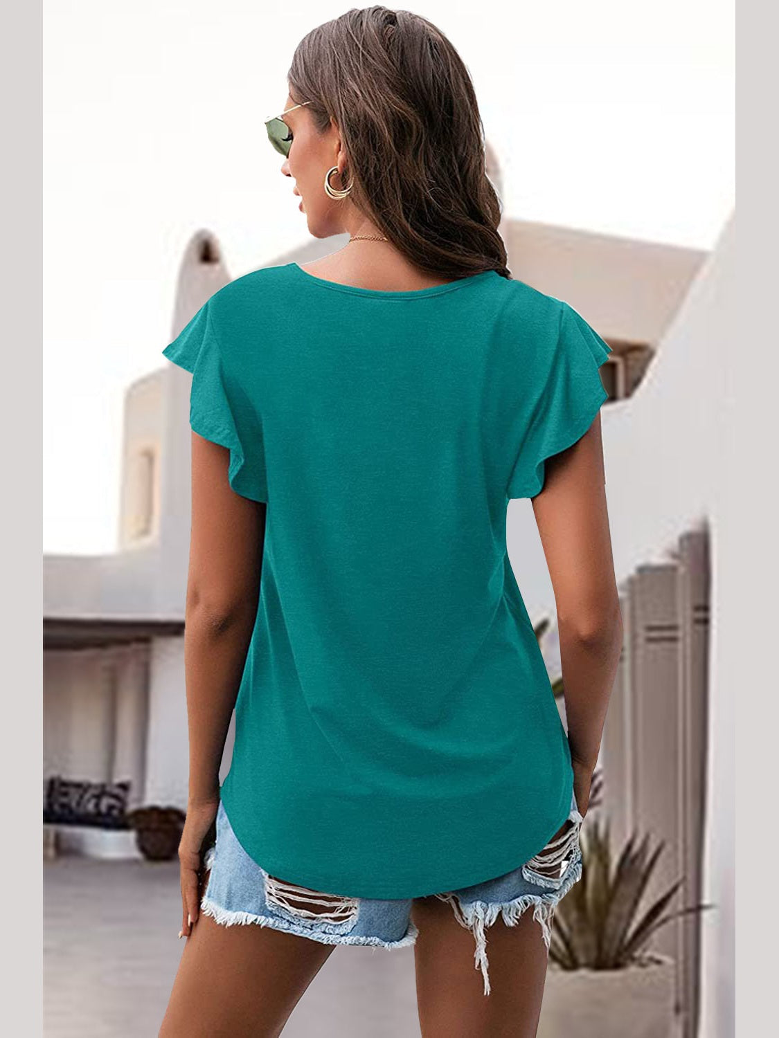 Women Ruffled Round Neck Cap Sleeve Blouse