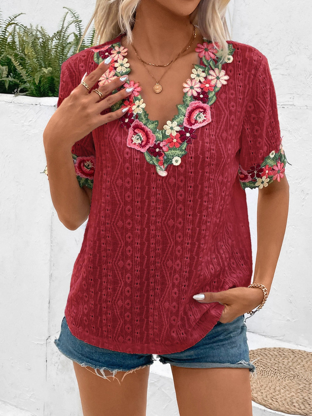 Women Eyelet Embroidered V-Neck Short Sleeve Blouse