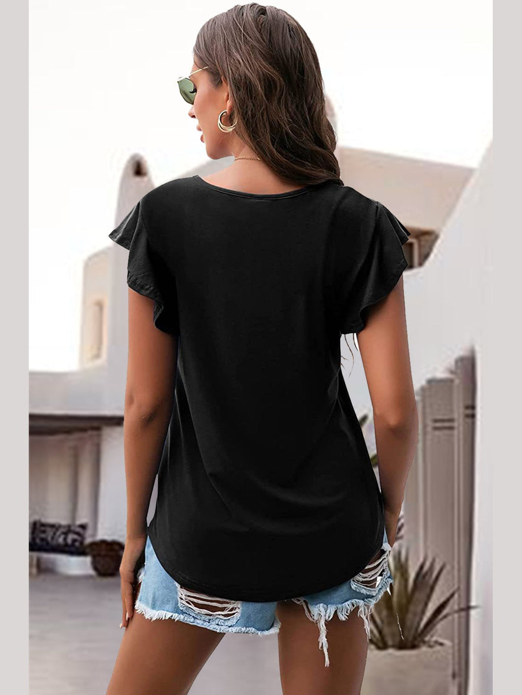 Women Ruffled Round Neck Cap Sleeve Blouse