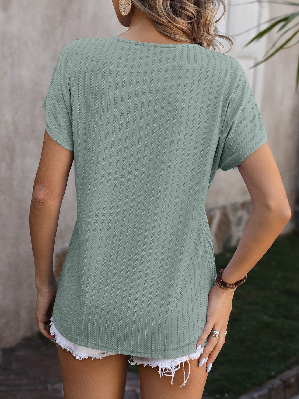 Women Textured Surplice Short Sleeve Blouse