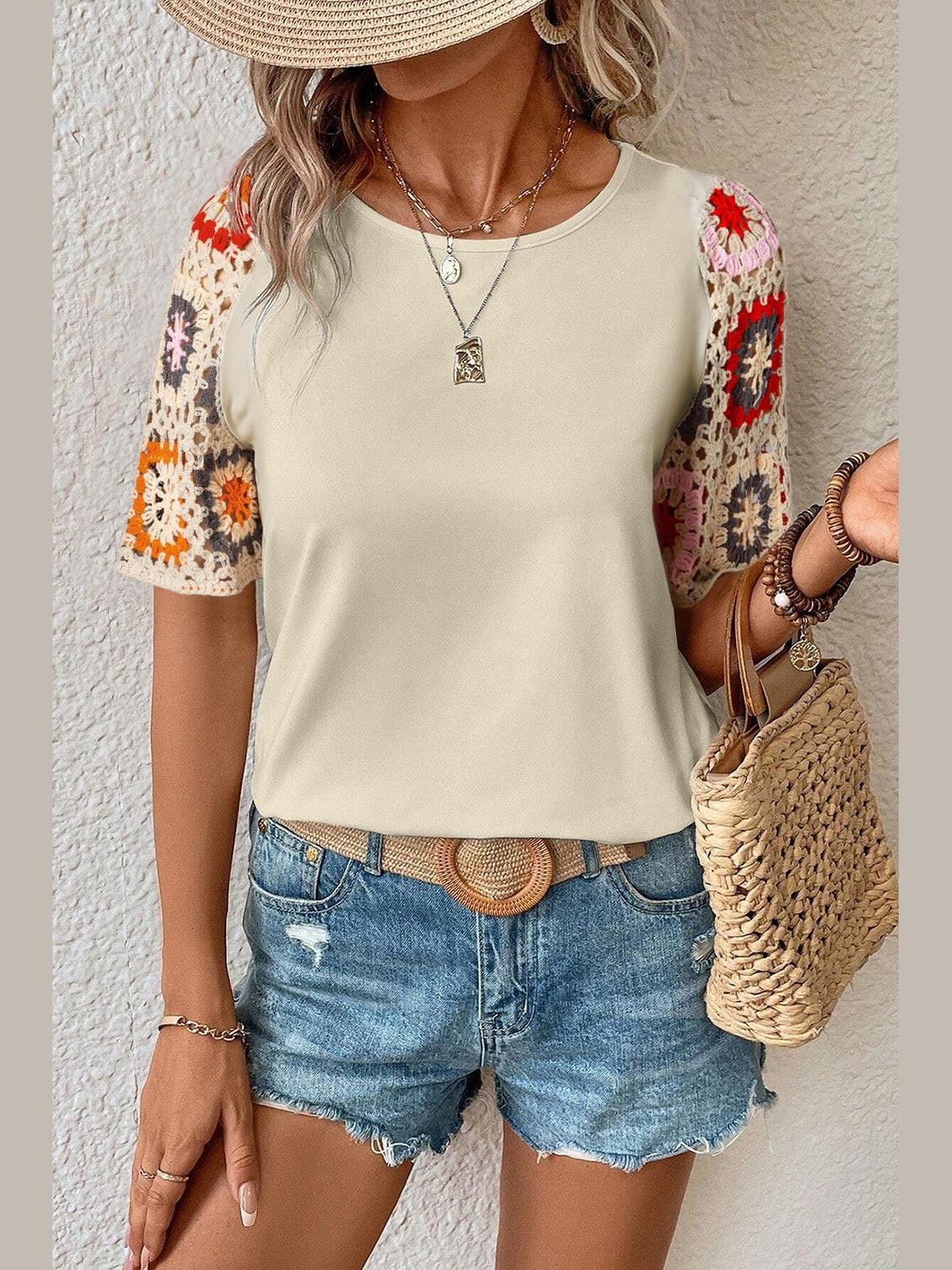 Women Geometric Round Neck Short Sleeve Blouse