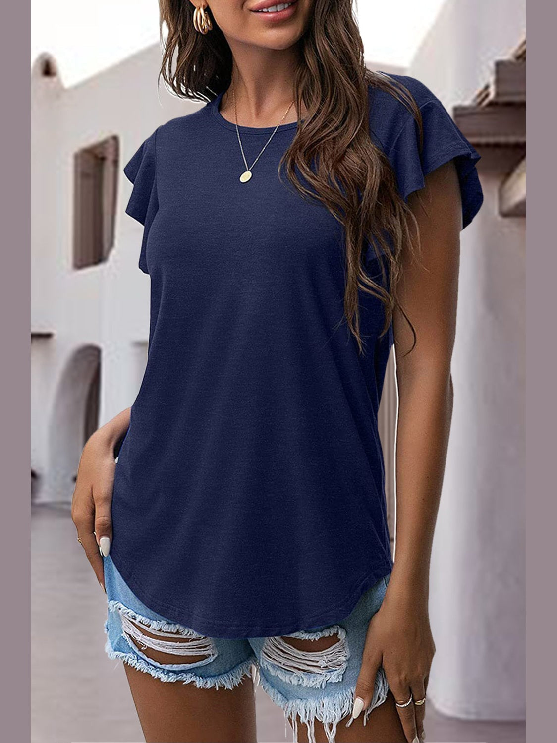Women Ruffled Round Neck Cap Sleeve Blouse