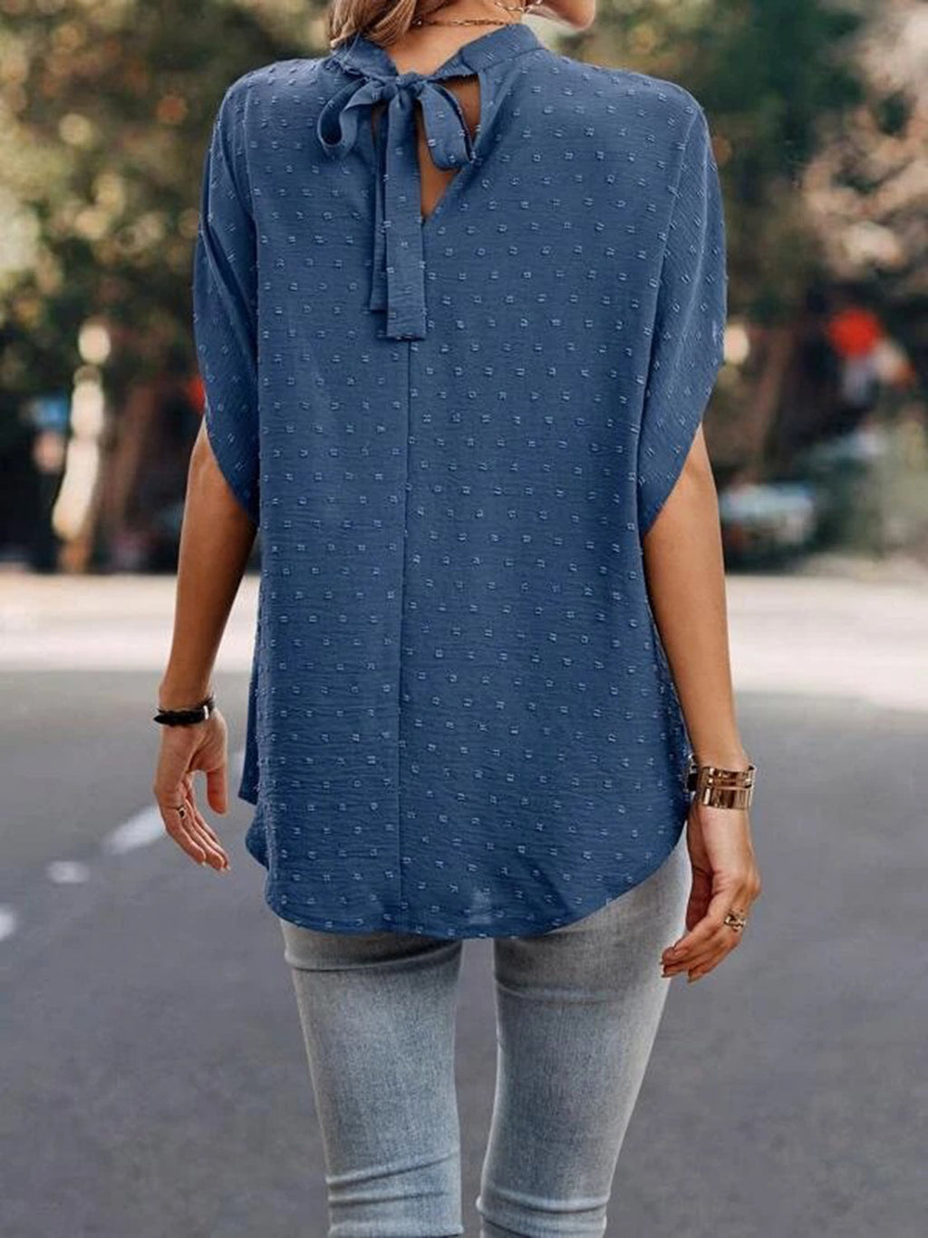 Women Swiss Dot Mock Neck Half Sleeve Blouse