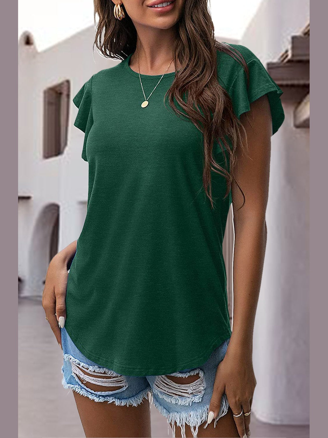 Women Ruffled Round Neck Cap Sleeve Blouse