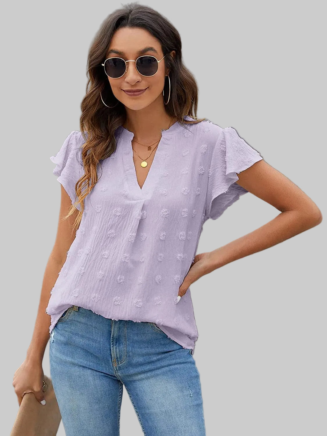 Women Swiss Dot Notched Flutter Sleeve Blouse