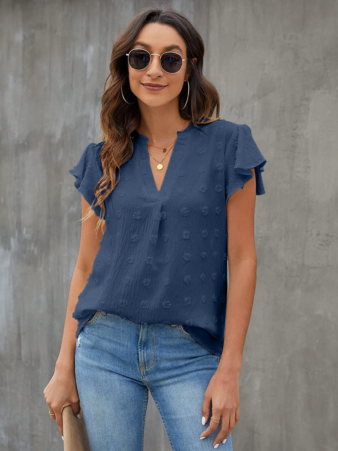 Women Swiss Dot Notched Flutter Sleeve Blouse