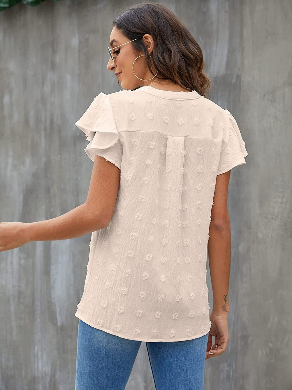 Women Swiss Dot Notched Flutter Sleeve Blouse