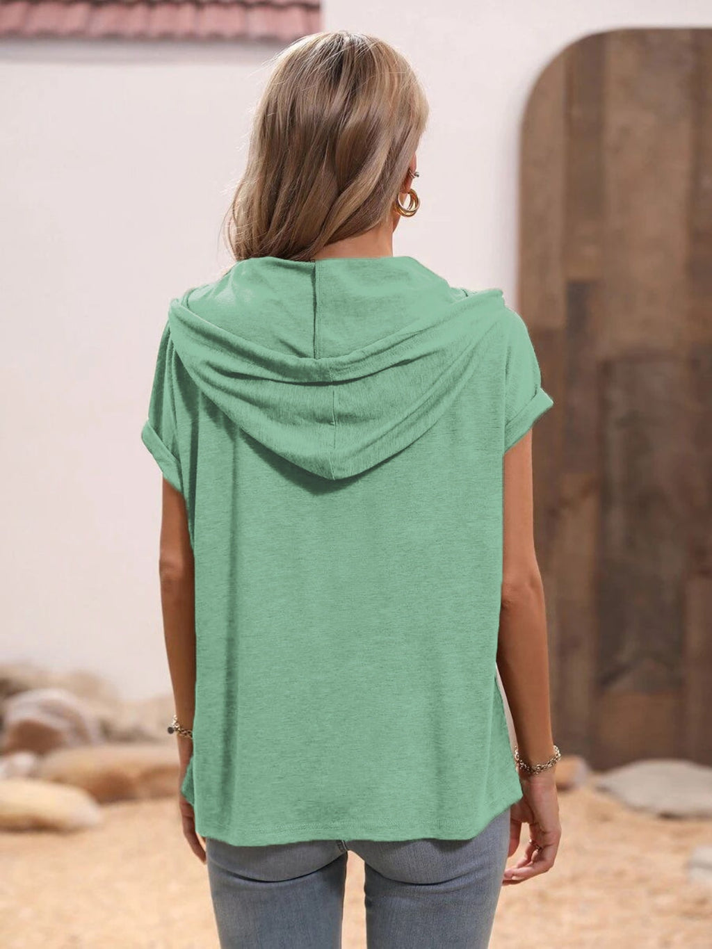 Women Half Button Hooded Short Sleeve Blouse