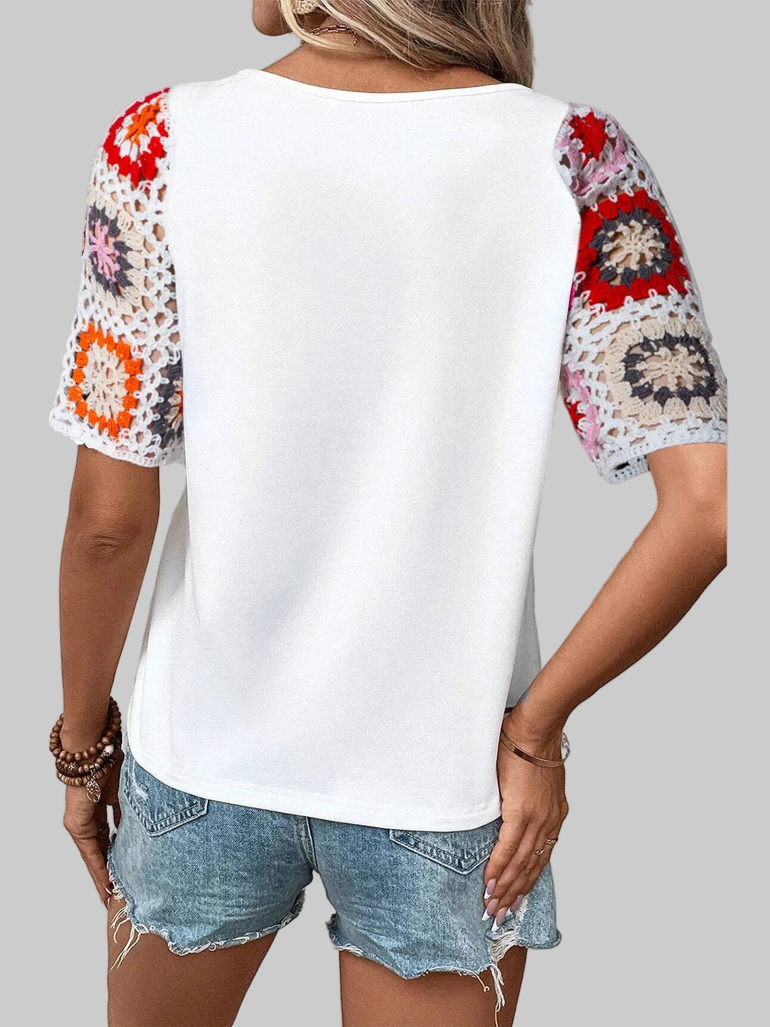 Women Geometric Round Neck Short Sleeve Blouse