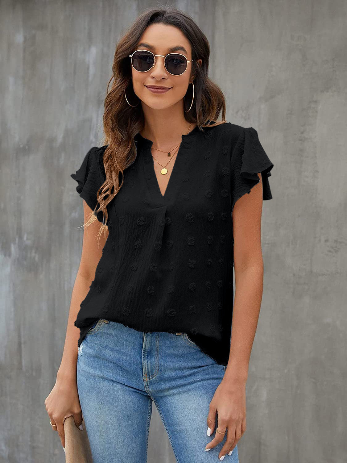 Women Swiss Dot Notched Flutter Sleeve Blouse